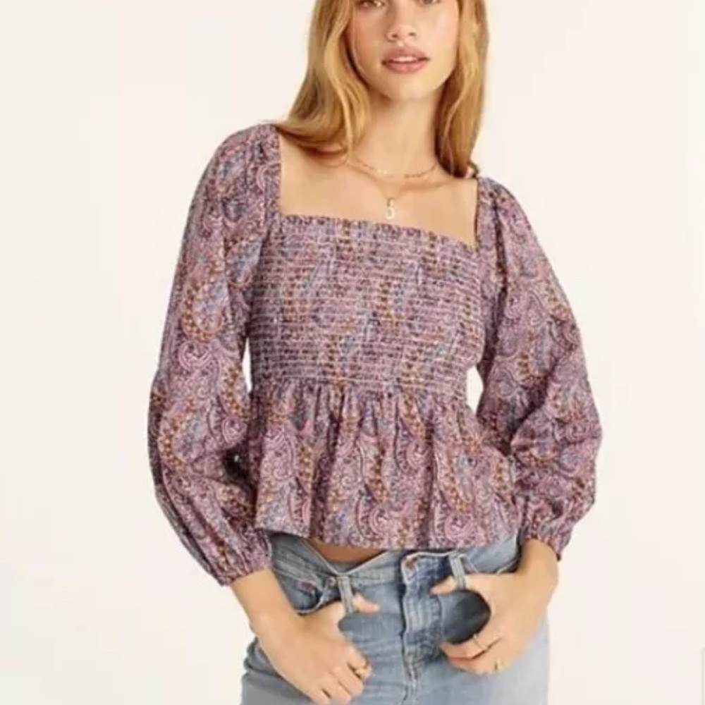 NWT J Crew Puff Sleeve Smocked Top In Liberty Arts Tropical Prince Print Size S